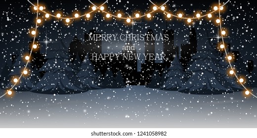 Snowy night, woodland landscape and cityscape vector illustration. Christmas and New Year holidays.