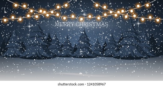 Snowy night, woodland landscape, coniferous forest vector illustration. Christmas and New Year holidays.