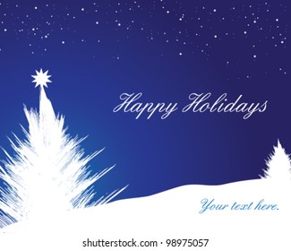 Snowy nighttime happy holidays vector illustration with christmas tree and star