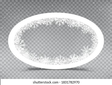 Snowy oval frame template on gray transparent background. Christmas snowflakes holiday ice ornament banner