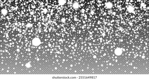 Snowy overlay with a variety of snowflake sizes and intensities on a transparent background, perfect for winter scenes and holiday graphics. Vector illustration