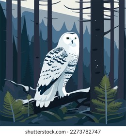 Snowy owl in arctic forest. Arctic birds in natural habitat. Flat vector illustration concept