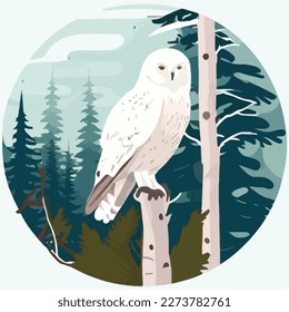 Snowy owl in arctic forest. Arctic birds in natural habitat. Flat vector illustration concept