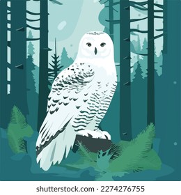 Snowy owl in arctic forest. Arctic birds in natural habitat. Flat vector illustration concept