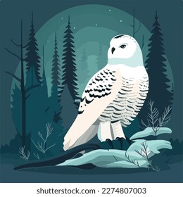 Snowy owl in arctic forest. Arctic birds in natural habitat. Flat vector illustration concept