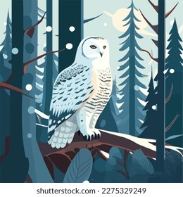 Snowy owl in arctic forest. Arctic birds in natural habitat. Flat vector illustration concept