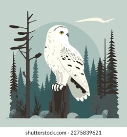 Snowy owl in arctic forest. Arctic birds in natural habitat. Flat vector illustration concept