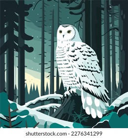 Snowy owl in arctic forest. Arctic birds in natural habitat. Flat vector illustration concept