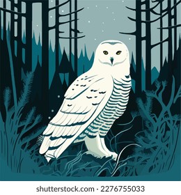 Snowy owl in arctic forest. Arctic birds in natural habitat. Flat vector illustration concept