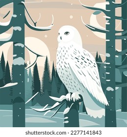 Snowy owl in arctic forest. Arctic birds in natural habitat. Flat vector illustration concept