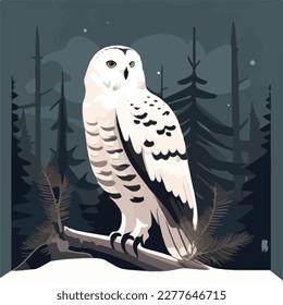 Snowy owl in arctic forest. Arctic birds in natural habitat. Flat vector illustration concept