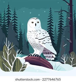 Snowy owl in arctic forest. Arctic birds in natural habitat. Flat vector illustration concept
