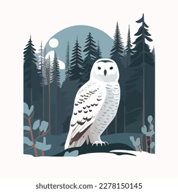 Snowy owl in arctic forest. Arctic birds in natural habitat. Flat vector illustration concept