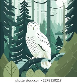 Snowy owl in arctic forest. Arctic birds in natural habitat. Flat vector illustration concept