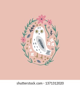 The snowy owl art, pajama party, cute bohemian white polar bird, drawing with floral decor, hand drawn vector illustration for cards, posters, t-shirts and more
