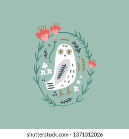 The snowy owl art, pajama party, cute bohemian white polar bird, drawing with floral decor, hand drawn vector illustration for cards, posters, t-shirts and more