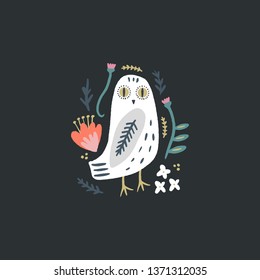 The snowy owl art, pajama party, cute bohemian white polar bird, drawing with floral decor, hand drawn vector illustration for cards, posters, t-shirts and more