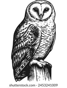 snowy owl engraving black and white outline