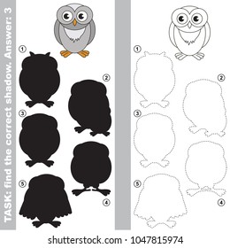 Snowy Owl to find the correct shadow, the matching educational kid game to compare and connect objects and their true shadows, simple gaming level for preschool kids.