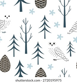 Coruja de neve e pinho cone padrão de telha sem costura com conceito de elementos de floresta de inverno como corujas de neve empoleiradas em cones de pinho criar um padrão de telha sem costura com elementos de floresta de inverno para decoração acolhedora no Photo Stock Concept e espaço vazio no lado esquerdo, sem texto —ar 7:2 —azulejo