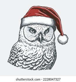 Snowy Owl Santa Hat Vector Illustration Tshirt Design Logo Icon Christmas Greeting Card