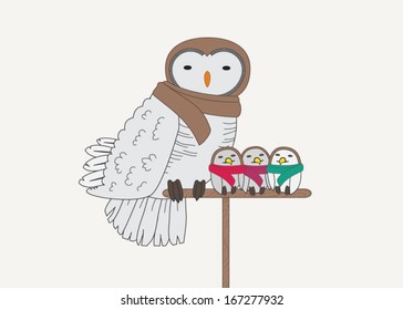 snowy owl in a scarf with kids, vector