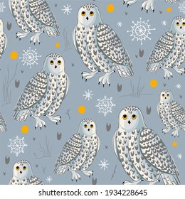 Snowy Owl Seamless Pattern Vector