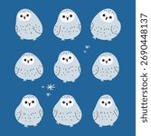 Snowy owl set 1 cute on a blue background, vector illustration.