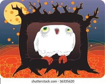 the snowy owl sitting in a tree hollow at halloween night