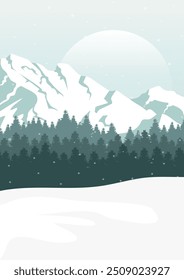 Snowy panorama, minimalist wall decor. Landscape illustration of winter christmas card. Forest snowfall
