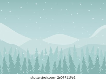 Snowy panorama minimalist wall decor. Landscape illustration of winter christmas card. Forest snowfall