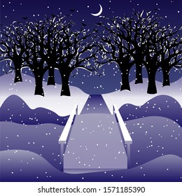 snowy park or garden: leafless trees, frozen river and bridge under young moon
