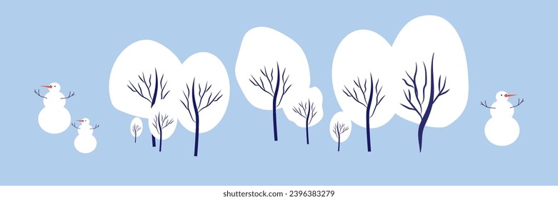 A snowy park trees. People make snowman and sledding in forest. Concept of active recreation. Happy winter holidays. Vector