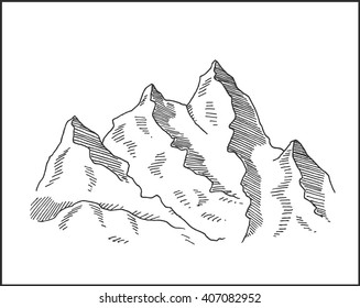 Snowy peaks and mountain rocks vector sketch drawing, for  landscape and scenery design. 