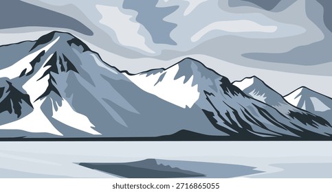 Picos de neve sob arte de design de céu dramático