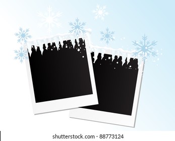 Snowy photo frames with snowflakes and icicles