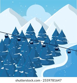 Snowy pine forest with cable cars and mountain peaks Vector