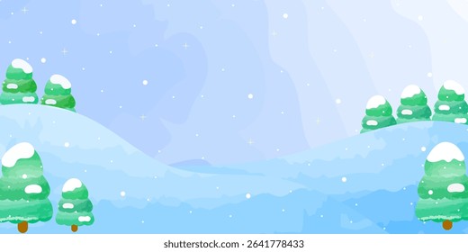 snowy pine forest in winter landscape scene in watercolor