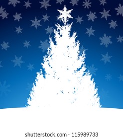 Snowy pine on hill with falling snowflakes