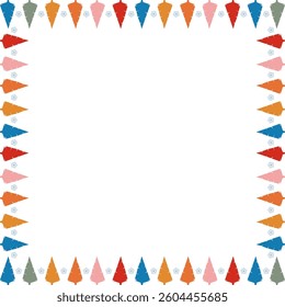 Snowy pine tree frame. Festive greeting template with Christmas tree elements. Bright border