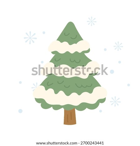 Snowy pine tree standing in calm winter landscape, pine tree covered with soft white snow layers, pine tree illustration radiates holiday warmth, perfect for Christmas cards, posters
