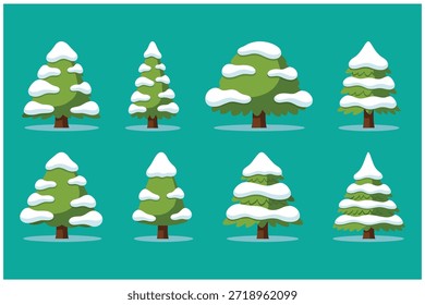 Snowy pine trees on turquoise background Vector, illustration