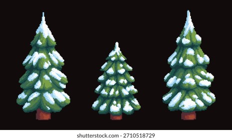 Snowy Pine Trees Pixel Art Set auf dunklem Hintergrund