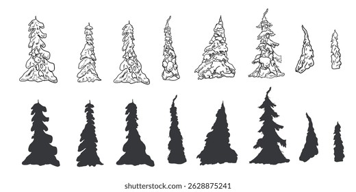 Silueta de pinos nevados dibujado a mano ilustración de conjunto de Vector blanco y negro. Clipart del bosque de abeto, abeto en monocromo para la tarjeta de Navidad, diseño del paisaje. Bosques de invierno árboles línea de tinta boceto.