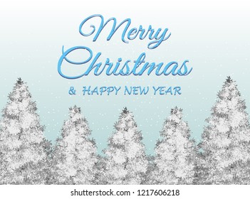 Snowy pine trees in the snowfall with Merry Christmas and Happy New Year text. Vector, eps 10.
