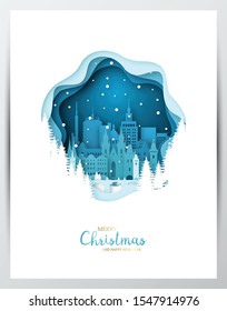 Snowy Prague city. Paper art greeting card. Merry Christmas and Happy New Year Prague. Vector illustration.