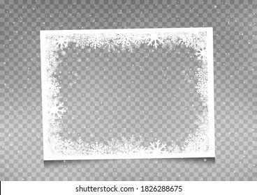 Snowy rectangular frame template gray transparent background  Christmas snowflakes holiday ice ornament banner