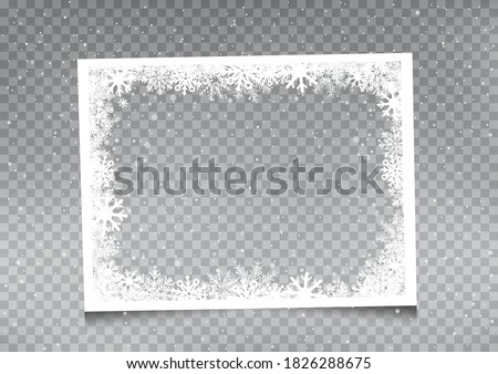 Snowy rectangular frame template on gray transparent background. Christmas snowflakes holiday ice ornament banner