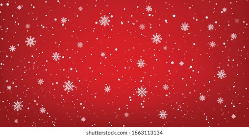 Snowy red background with falling snowflakes. Christmas winter snowfall with white snow flakes.