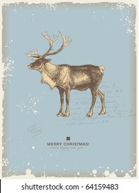 snowy retro christmas/winter background or greeting card with reindeer